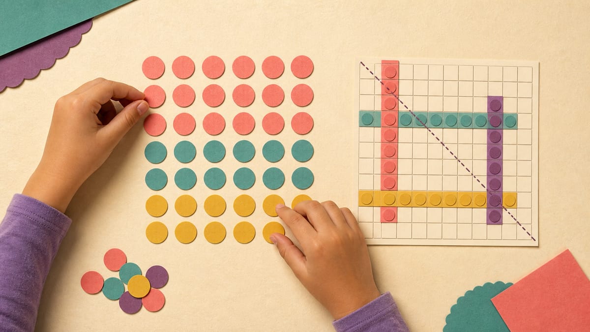 A child's hands arrange colourful paper counters into equal rows beside a simplified multiplication chart with easy fact families highlighted and a diagonal mirror line