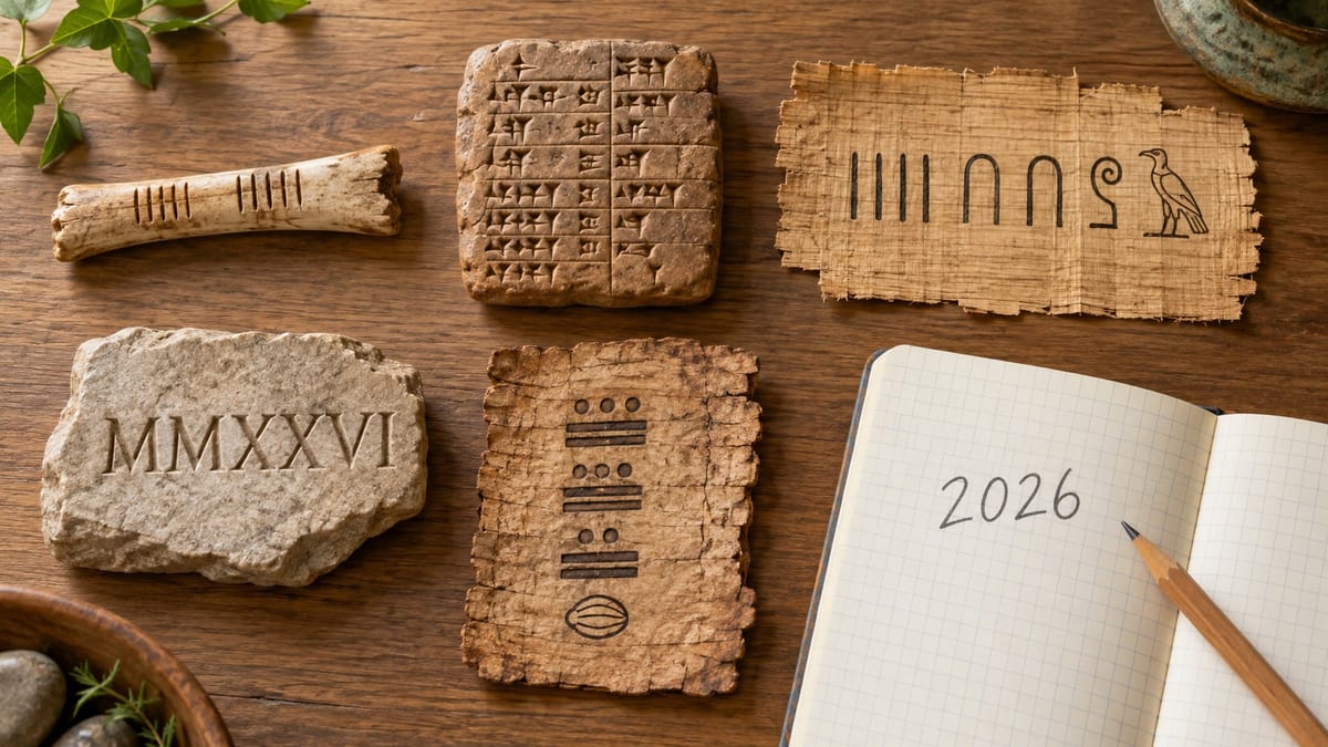 A desk laid out with the same number written six ways through history: a notched tally bone, a clay tablet pressed with Babylonian wedges, a papyrus with Egyptian hieroglyph numerals, a carved stone fragment with Roman numerals, a bark page with Maya bars, dots and a shell, and an open notebook where a pencil has written 2026