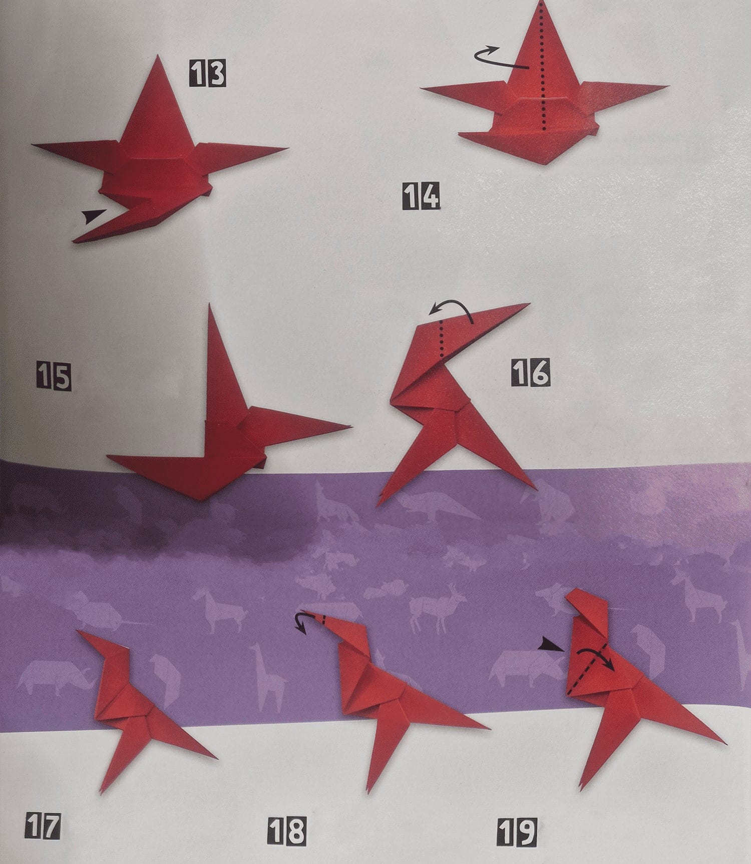 Dijagram savijanja, koraci 13 do 19, na kojima papir dobiva oblik tijela dinosaura s glavom i repom