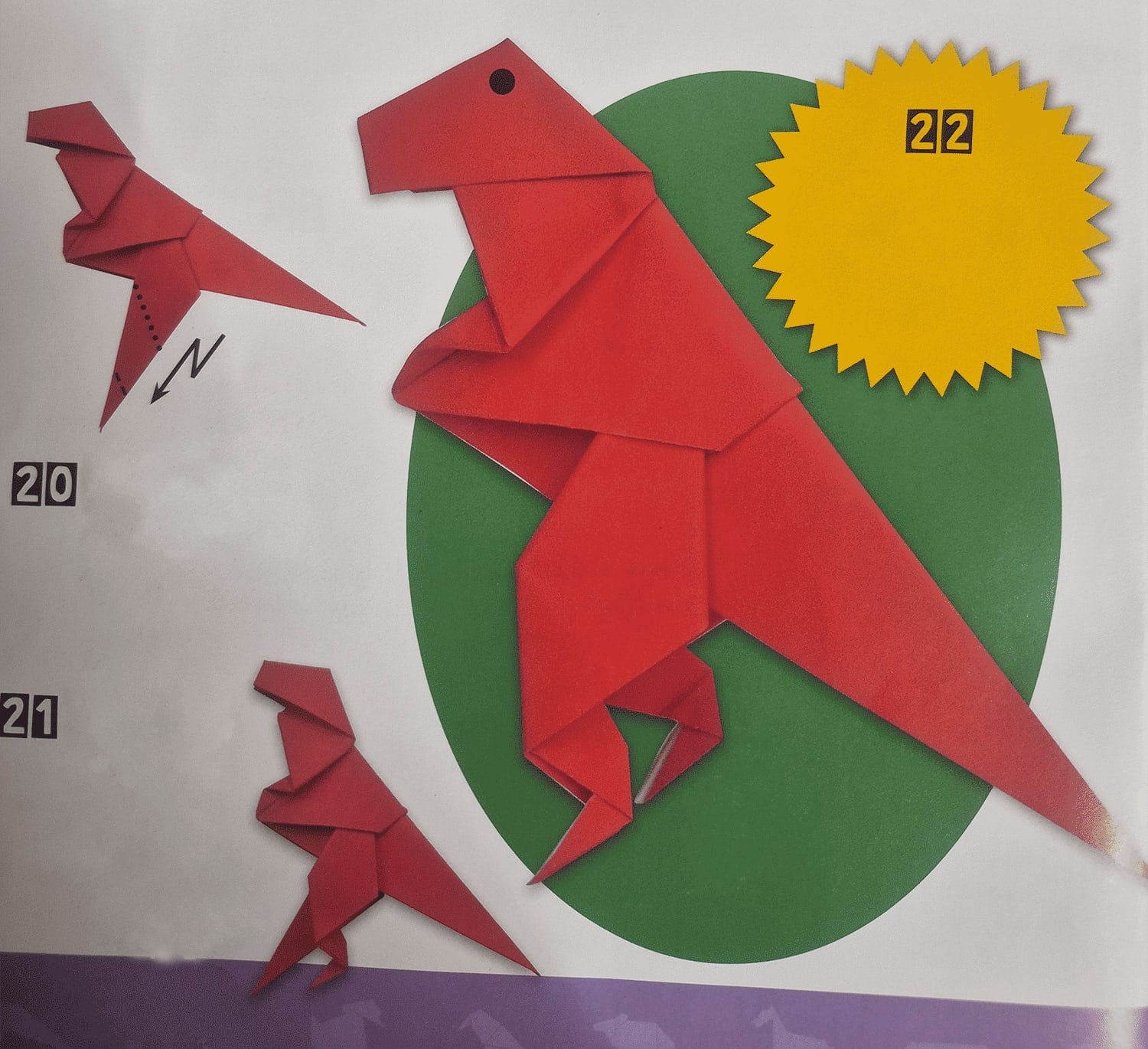 Dijagram savijanja, koraci 20 do 22, sa završenim crvenim papirnatim T-Rexom