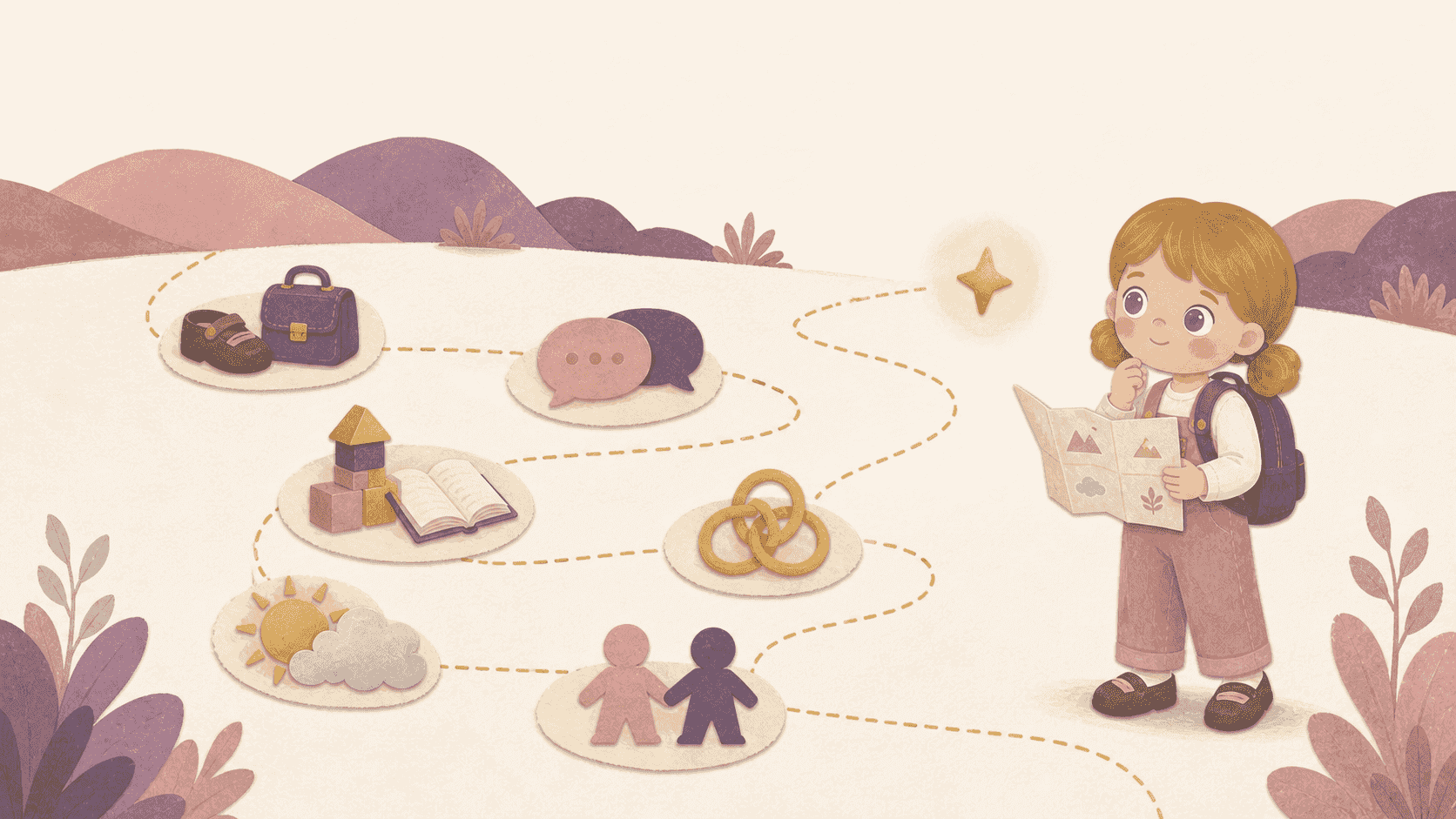 School-age Lea follows a stitched path through six connected areas of school readiness, from practical skills and communication to emotions and relationships