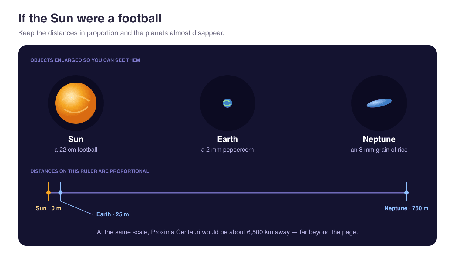 A scale model of the Solar System. The Sun is a 22 centimetre football at zero metres, Earth is a 2 millimetre peppercorn 25 metres away, and Neptune is an 8 millimetre grain of rice 750 metres away. The distances are proportional and the objects are enlarged in separate circles so they remain visible