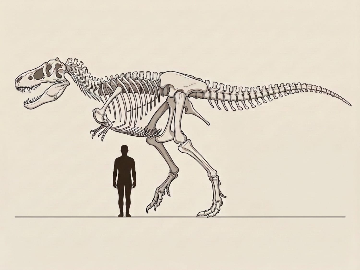 Kostur T-Rexa nacrtan pokraj siluete odrasle osobe, koja mu seže otprilike do koljena
