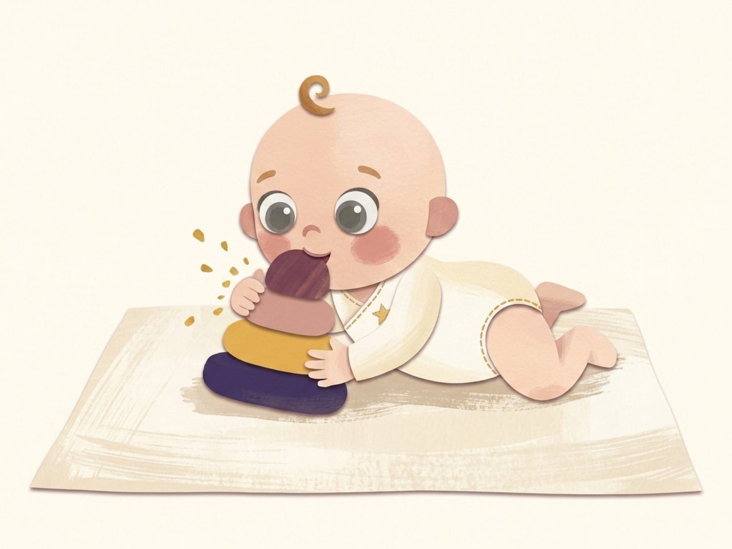Papercut illustration of a toddler exploring toy through touch and taste in Piaget's sensorimotor stage