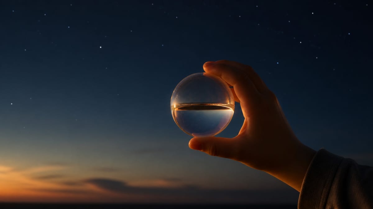 A child's hand holding a small glass globe of water up to the light, with a dark starry sky behind it