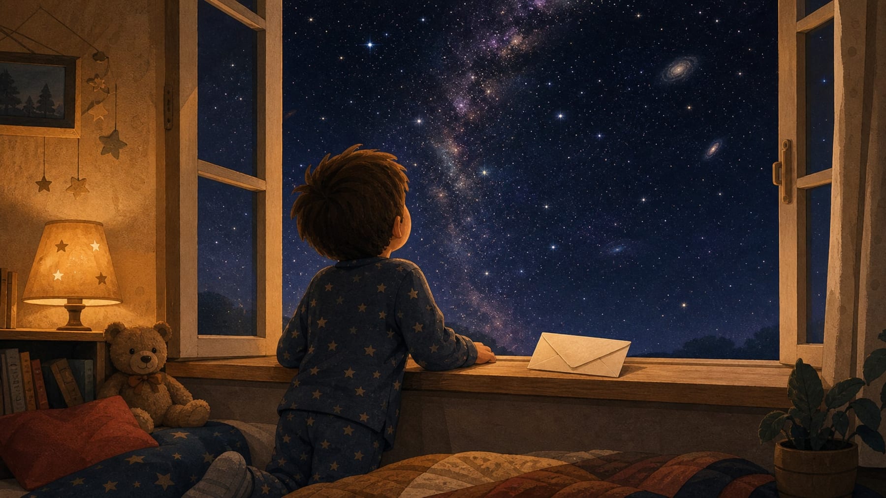 A child in pyjamas looking up at a night sky full of stars from a bedroom window, with a hand-written envelope on the windowsill