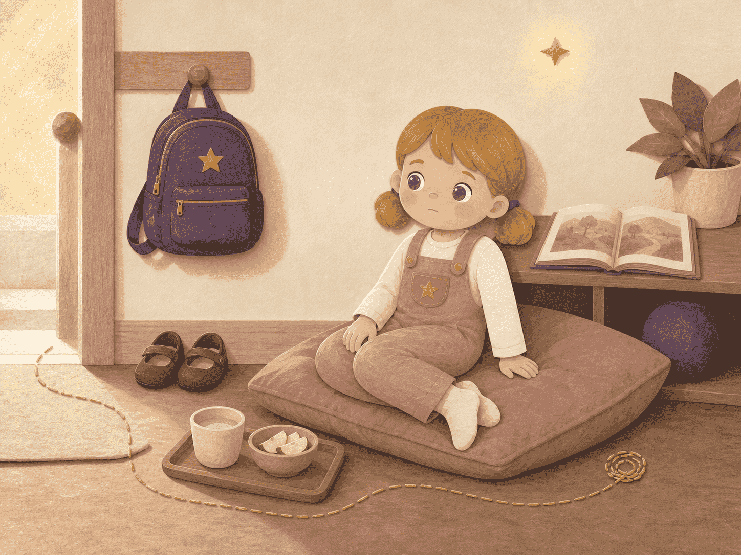 School-age Lea rests quietly on a floor cushion after putting away her backpack and shoes, with water, a snack, book and ball nearby