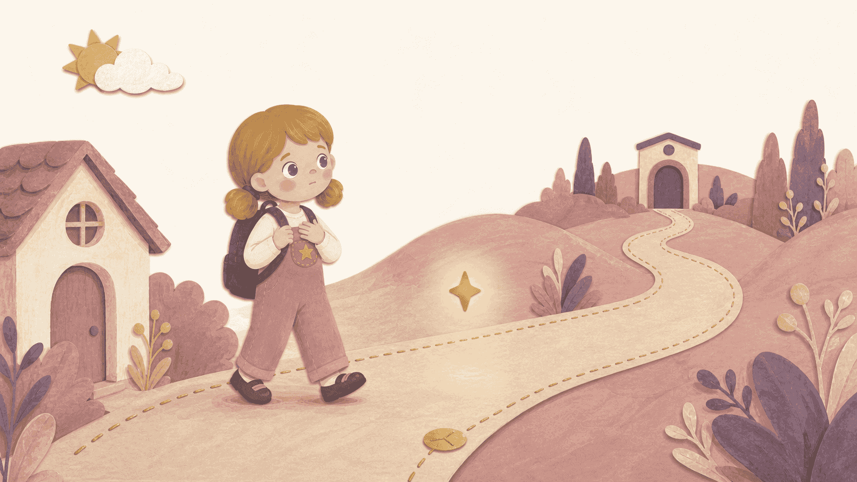 School-age Lea takes a thoughtful first step along a stitched road from home toward school while Luma glows ahead