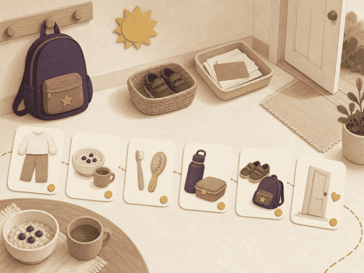 Six picture cards show clothes, breakfast, brushing, lunch, shoes and backpack, and the doorway along a stitched morning path