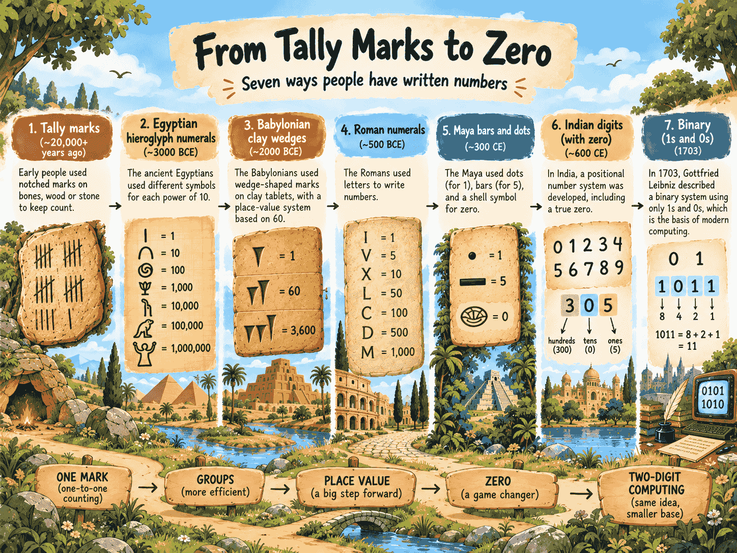A timeline of seven ways people have written numbers, running from left to right: notched tally marks tens of thousands of years ago, Egyptian hieroglyph numerals around 3000 BCE, Babylonian clay wedges around 2000 BCE, Roman numerals around 500 BCE, Maya bars and dots with a shell for zero around 300 CE, the Indian digits with a true zero around 600 CE, and binary 1s and 0s in 1703