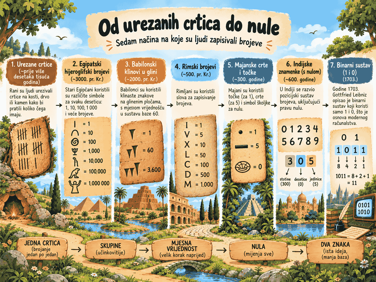 Vremenska crta sedam načina na koje su ljudi zapisivali brojeve, slijeva nadesno: urezane crtice prije više desetaka tisuća godina, egipatski hijeroglifski brojevi oko 3000. pr. Kr., babilonski klinovi u glini oko 2000. pr. Kr., rimski brojevi oko 500. pr. Kr., majanske crte i točke sa školjkom za nulu oko 300. godine, indijske znamenke s pravom nulom oko 600. godine i binarne nule i jedinice 1703. godine