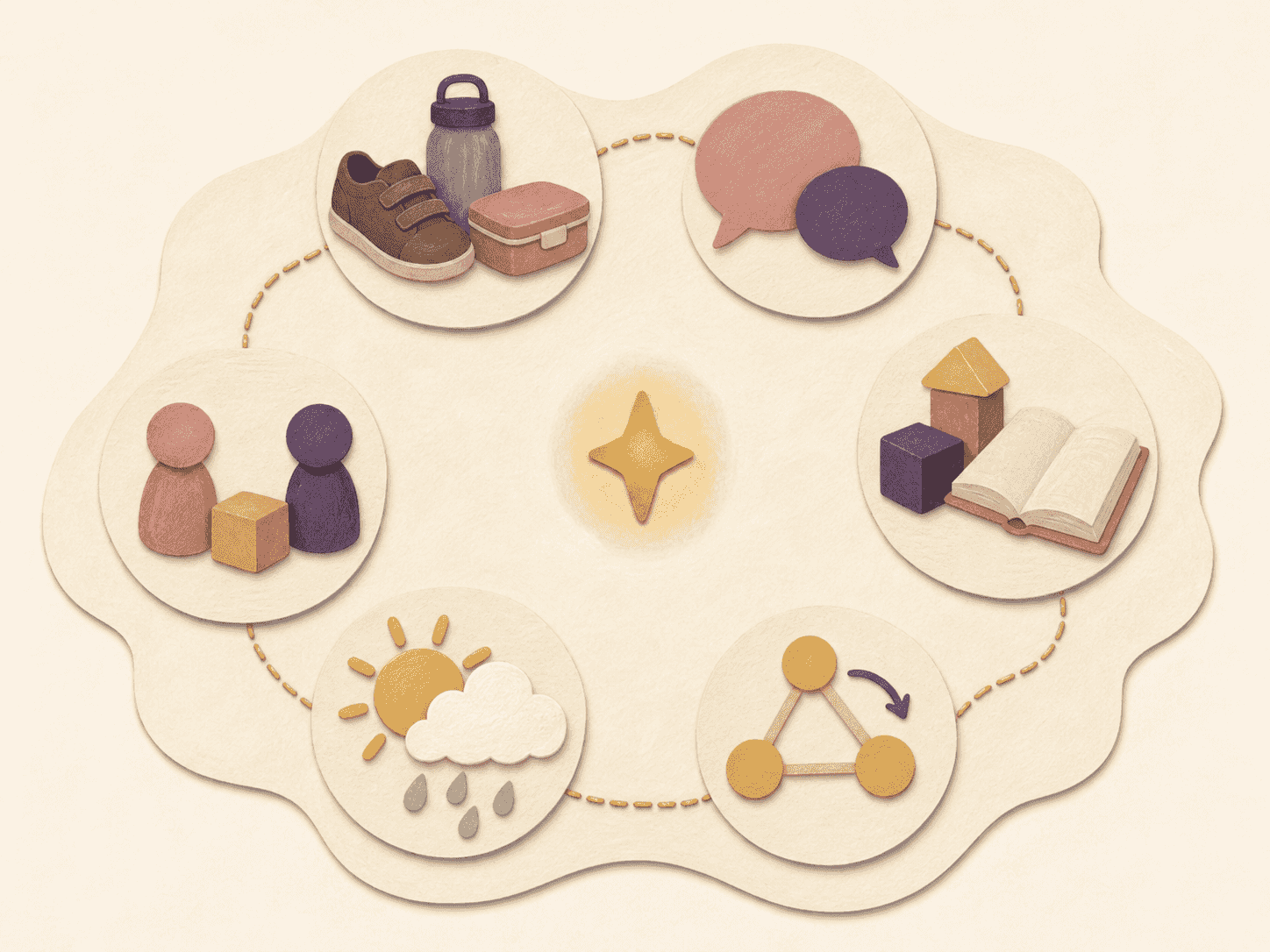 Six connected paper-collage waypoints show practical skills, communication, thinking, executive functions, emotions and relationships around a glowing star